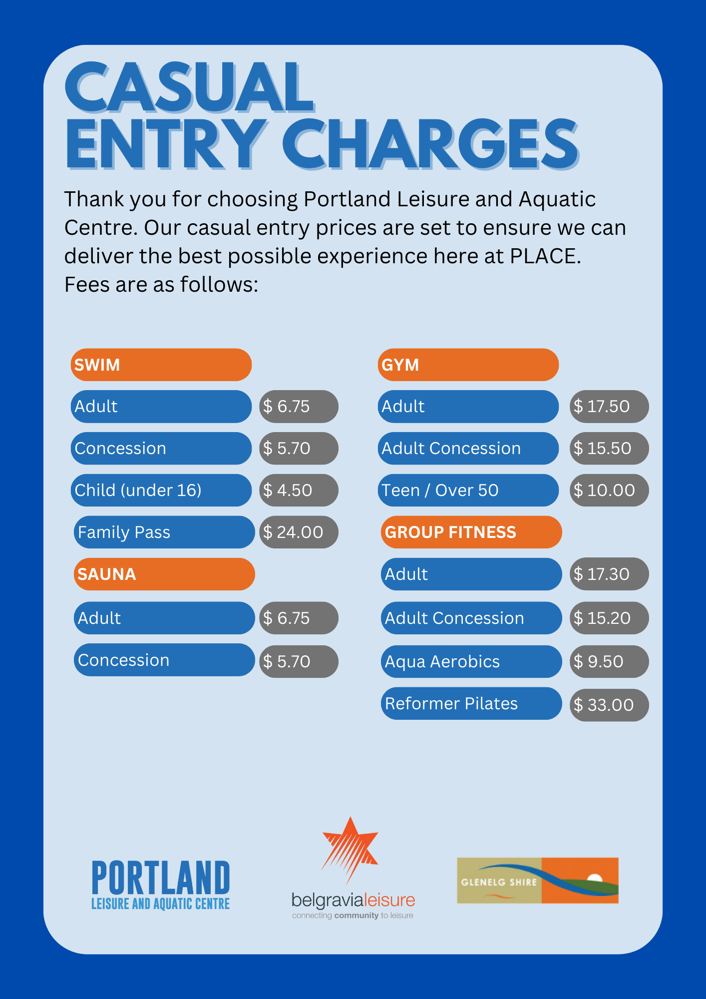 Entry Fees - Portland Leisure & Aquatic Centre